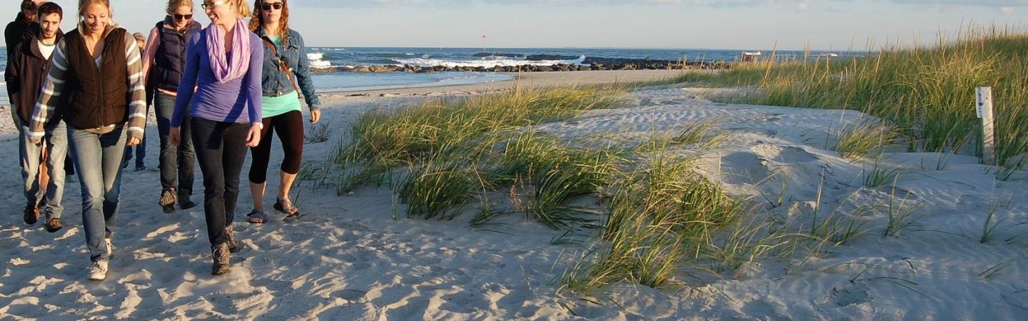 Students walking beach