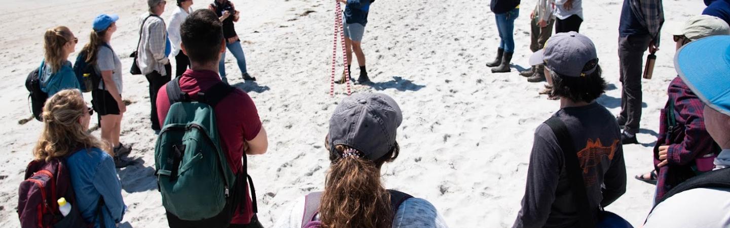 Group of students gathered around leader on beach.