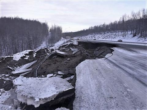 Earth quake damage to the Glenn Highway at Mirror Lake.