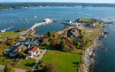 Arial view of marine complex by the ocean.