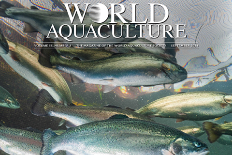 Screenshot of World Aquaculture cover with logo and fish swimming.