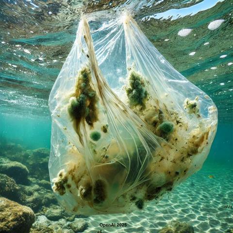 Image of plastic bag floating below ocean surface.