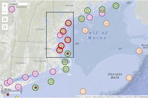 Arial map of the New England shorelines with points indicated.