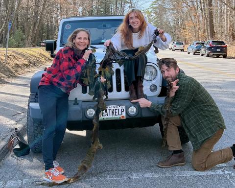 Three people on a Jeep with seaweed. 