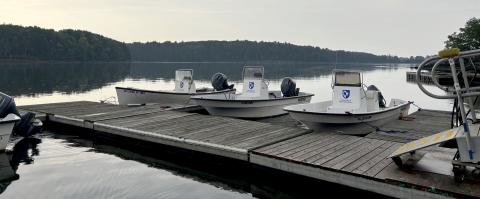 Photo of small boats docked at sunset.