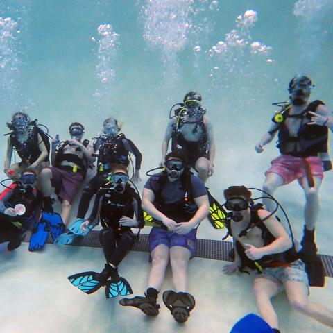 Square photo of student divers in pool. 